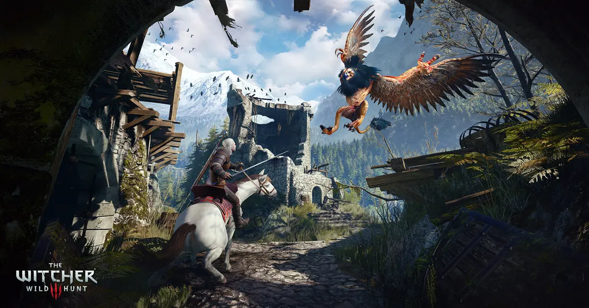 Geralt luchando contra un gigantesco Grifo en Huerto Blanco