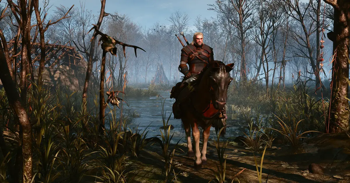 Geralt de Rivia cabalgando a Sardinilla por los pantanos de Velen en The Witcher 3: Wild Hunt