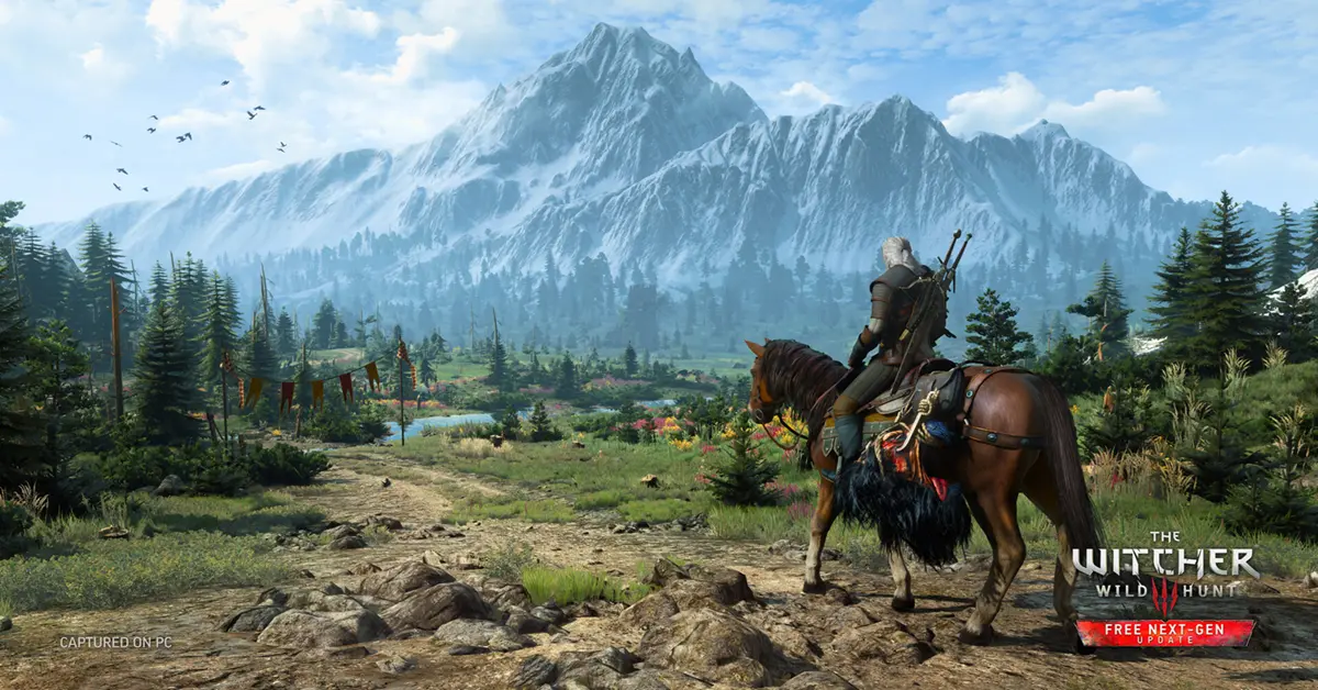 Geralt de Rivia observando el exuberante paisaje con trazado de rayos de Velen en The Witcher 3 Next-Gen