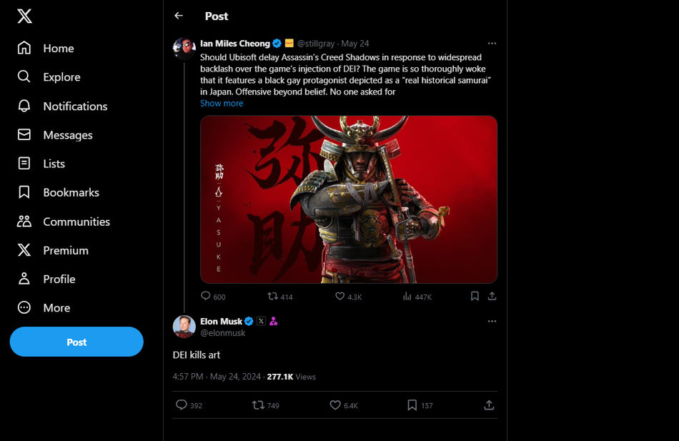 el tweet de respuesta de Elon Musk a Ian sobre DEI en Assassin’s Creed Shadows