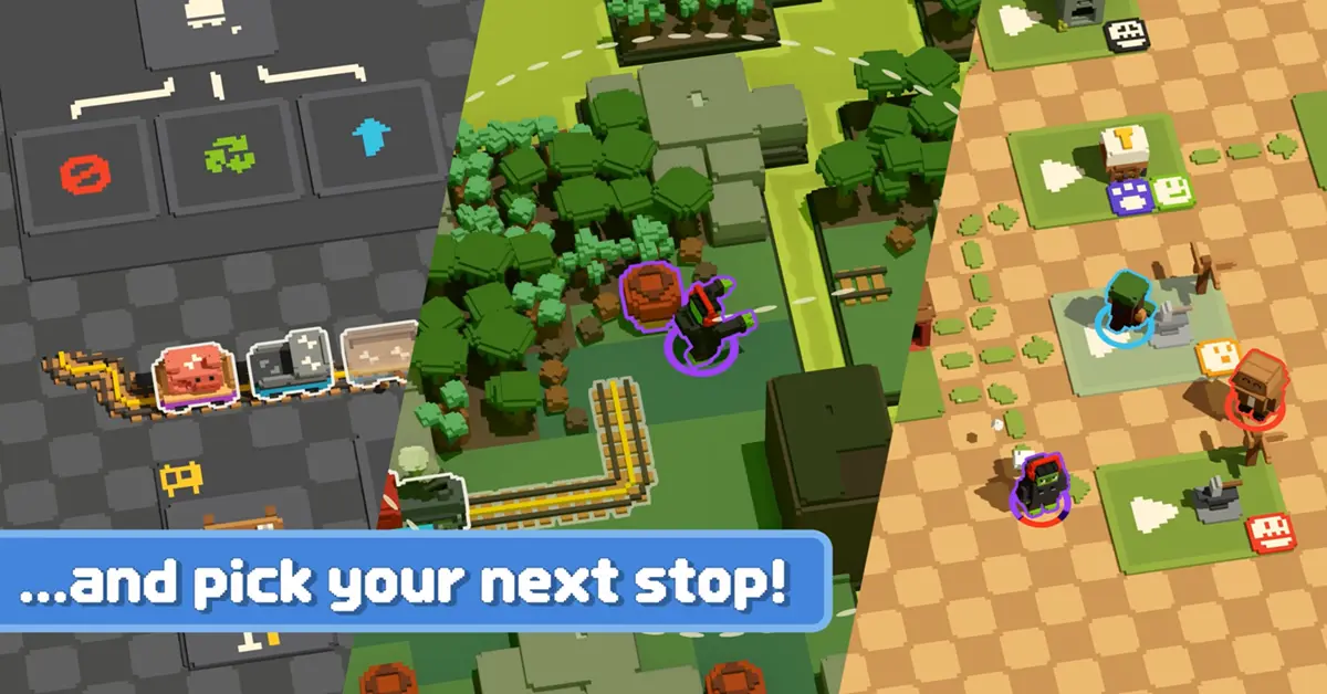 Vista en pantalla dividida que muestra el nuevo mapa de mundo ramificado y los menús de mejora en Unrailed 2