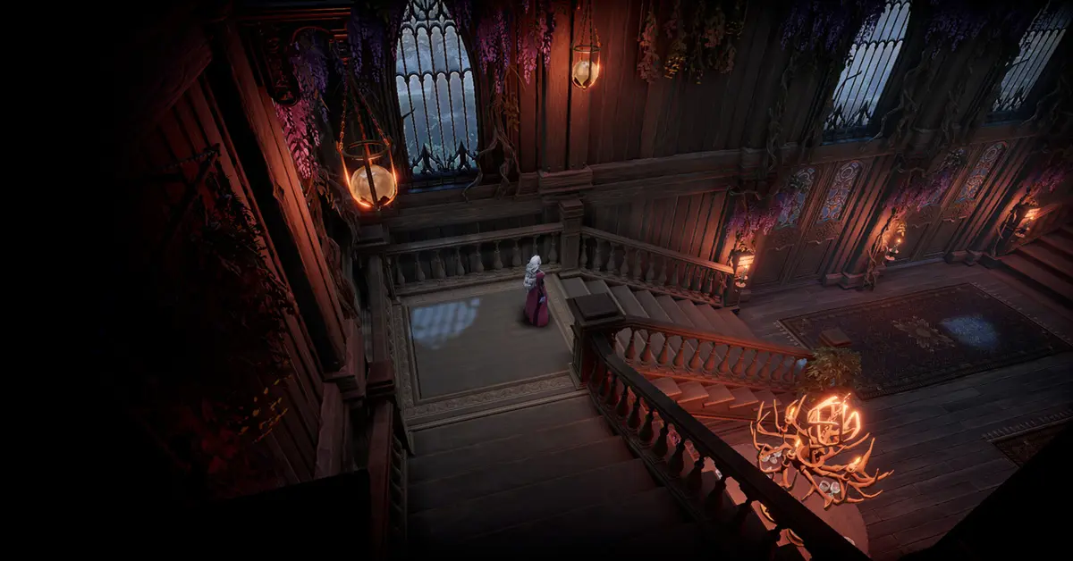 Un castillo de vampiros de varios niveles diseñado por un jugador en V Rising.