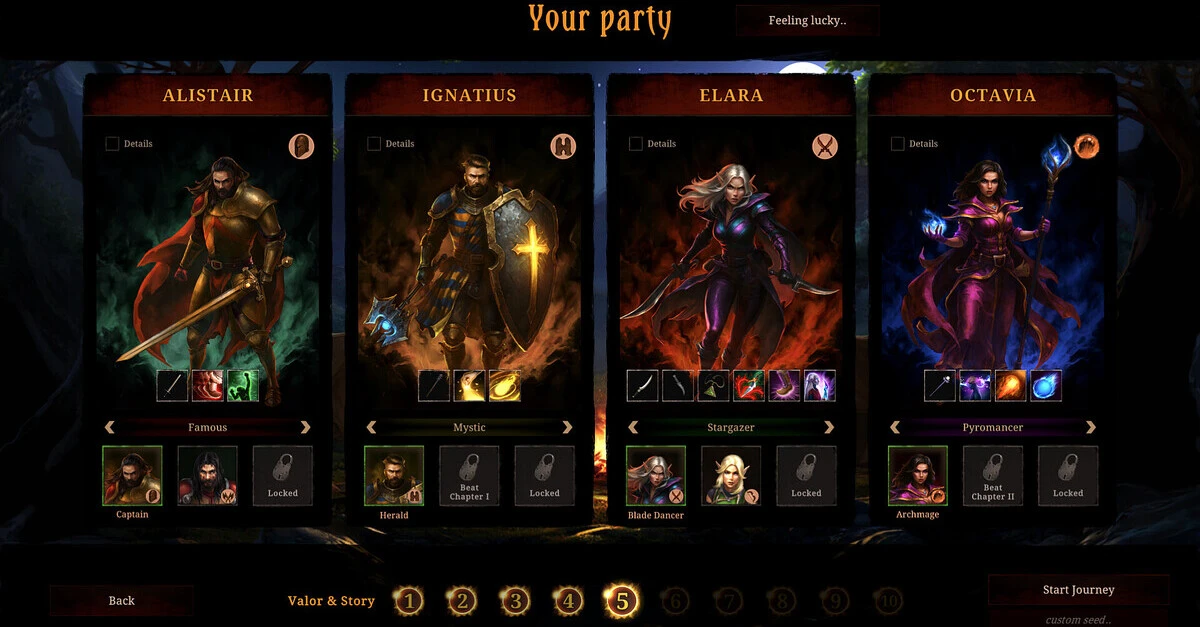 Elige tus personajes, monta tu party y hazlos lo bastante rotos durante tu run para reventar a cualquier enemigo.