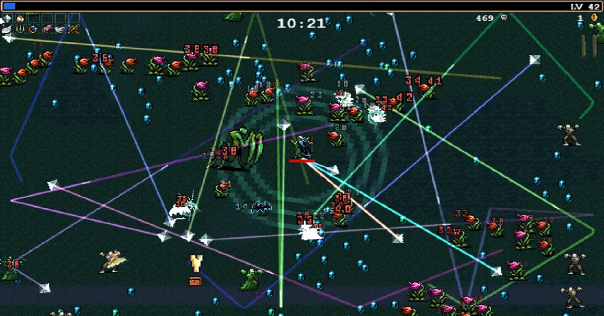 Pantalla de evolución de armas de Vampire Survivors con miles de enemigos.