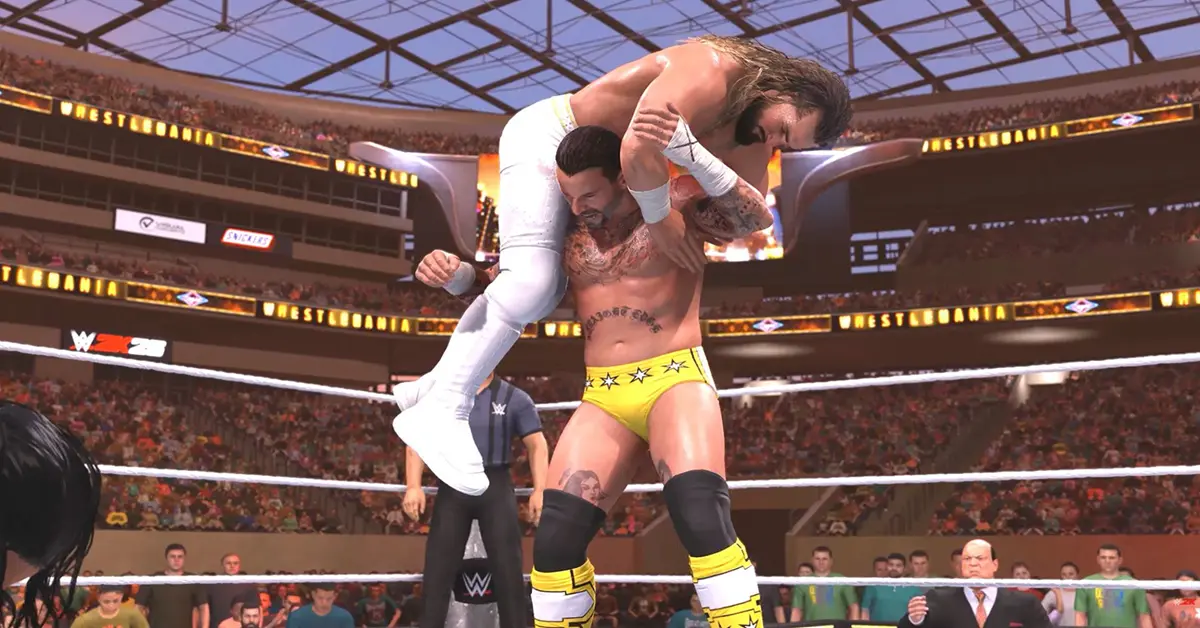 CM Punk ejecutando el remate GTS durante un combate Showcase de WWE 2K26
