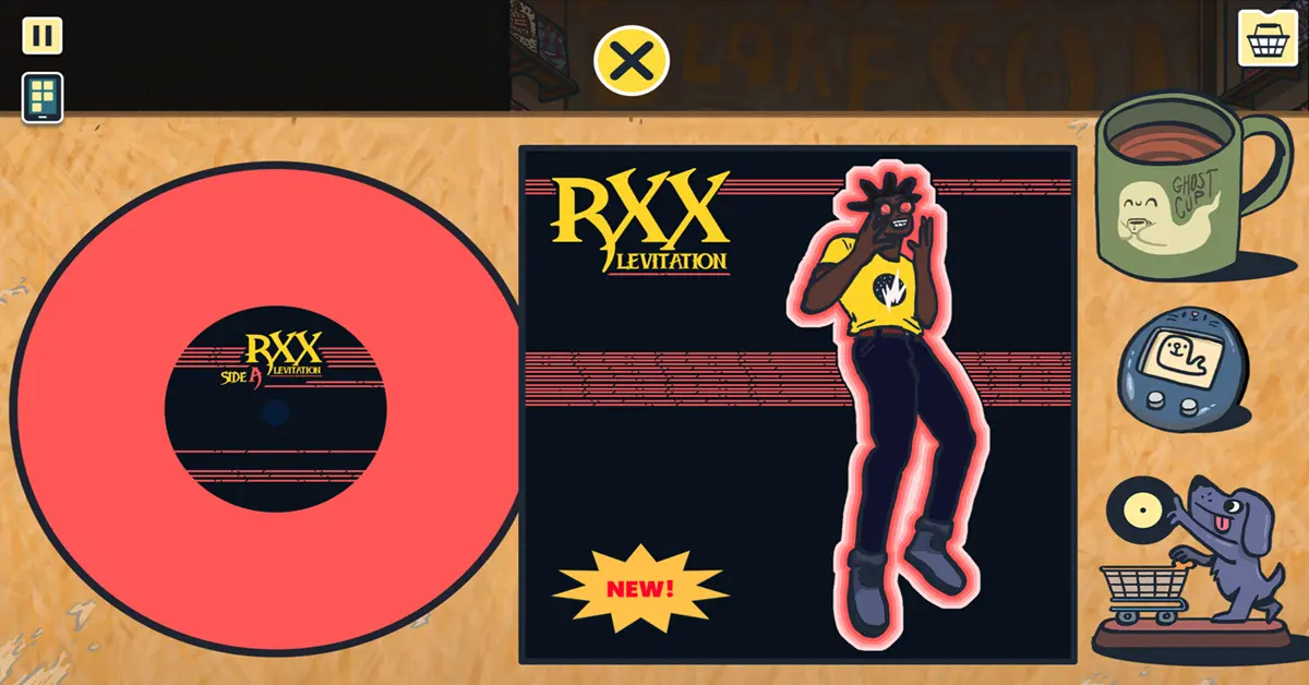 Jugador examinando la contraportada de un disco de vinilo ficticio en Wax Heads para encontrar pistas.