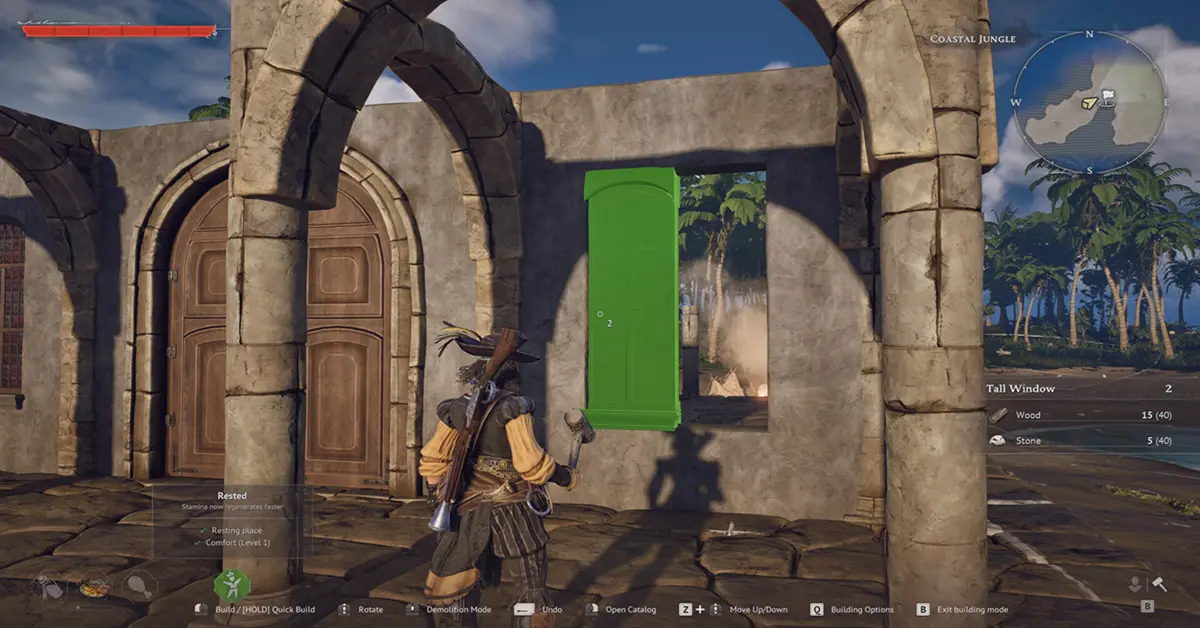 Interfaz de construcción de bases de Windrose que muestra a los jugadores construyendo un refugio pirata.