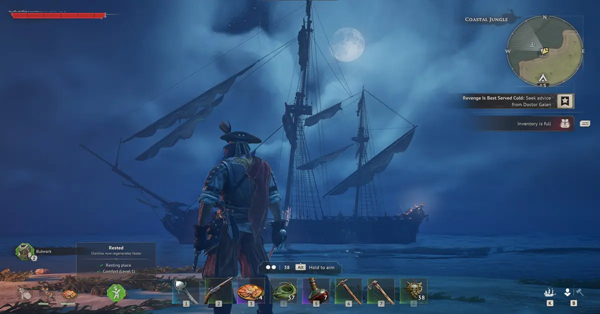 Gameplay de Windrose en PC que muestra la personalización de barcos piratas y combate naval en mundo abierto.