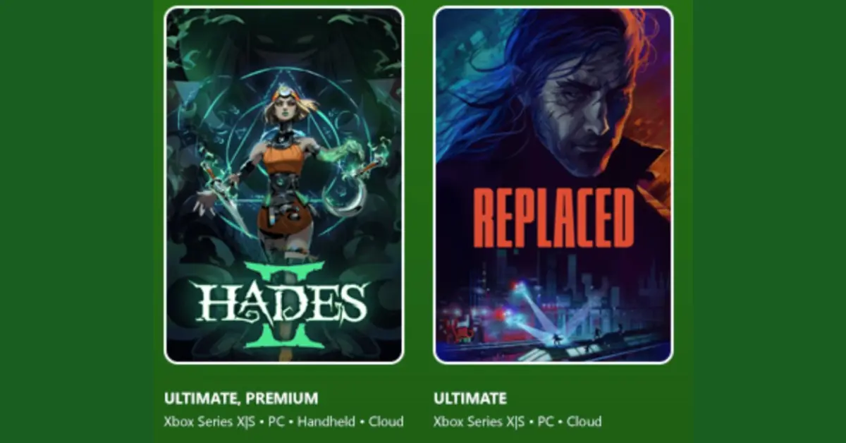 Tarjeta de suscripción de Xbox Game Pass Ultimate con personajes de Hades II y Replaced.