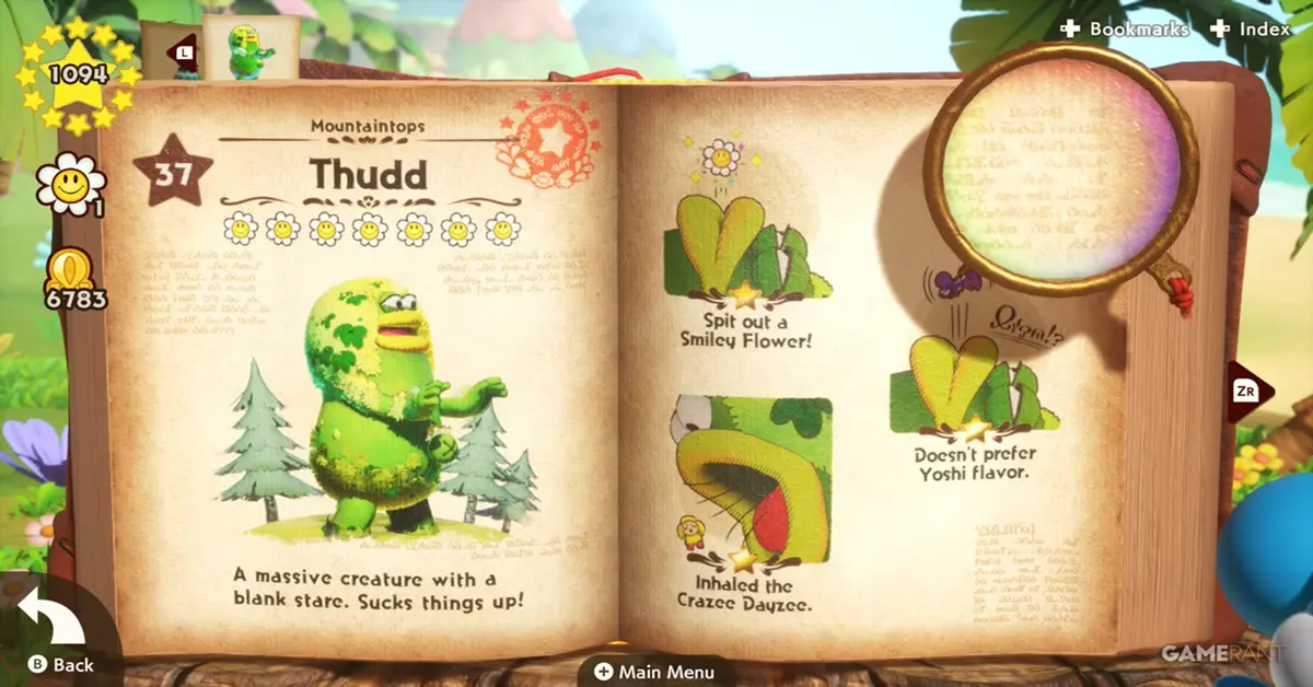 Yoshi lanzando una criatura dentro de los niveles de la enciclopedia mágica