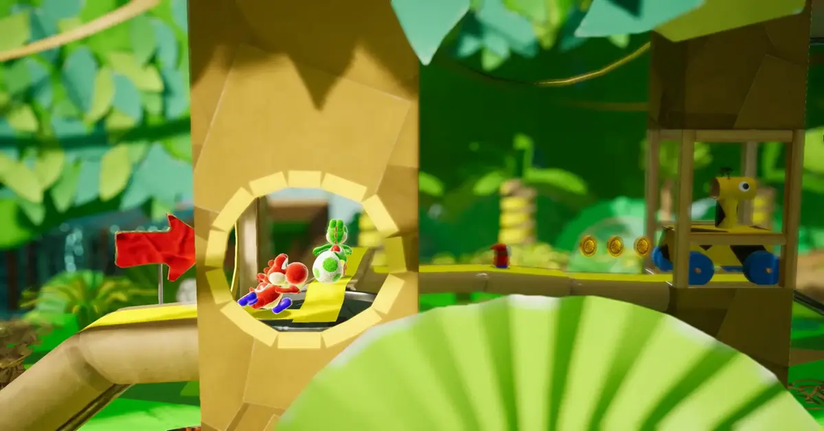 Yoshi explorando un colorido mundo de manualidades de papel en stop-motion