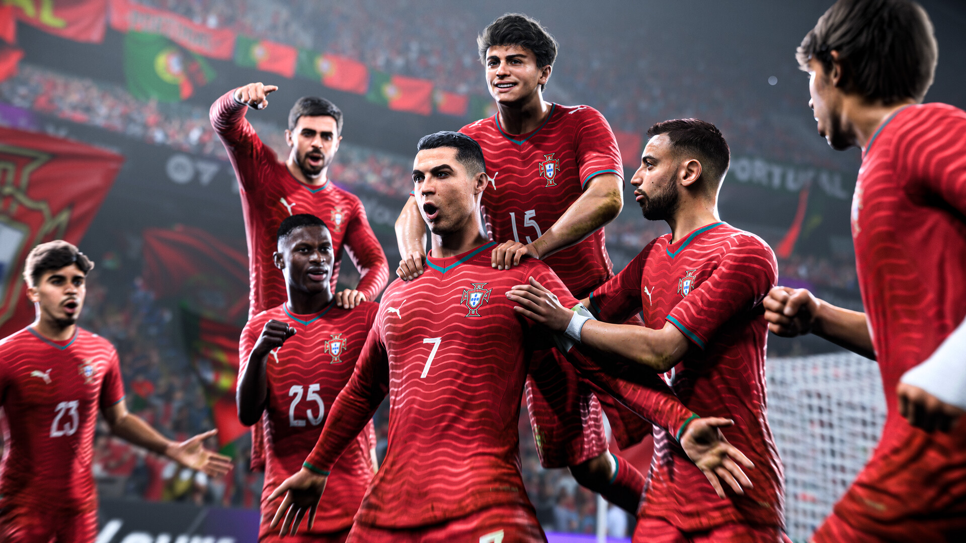 Jugadores de EA SPORTS FC 26 en el campo en un partido de fútbol