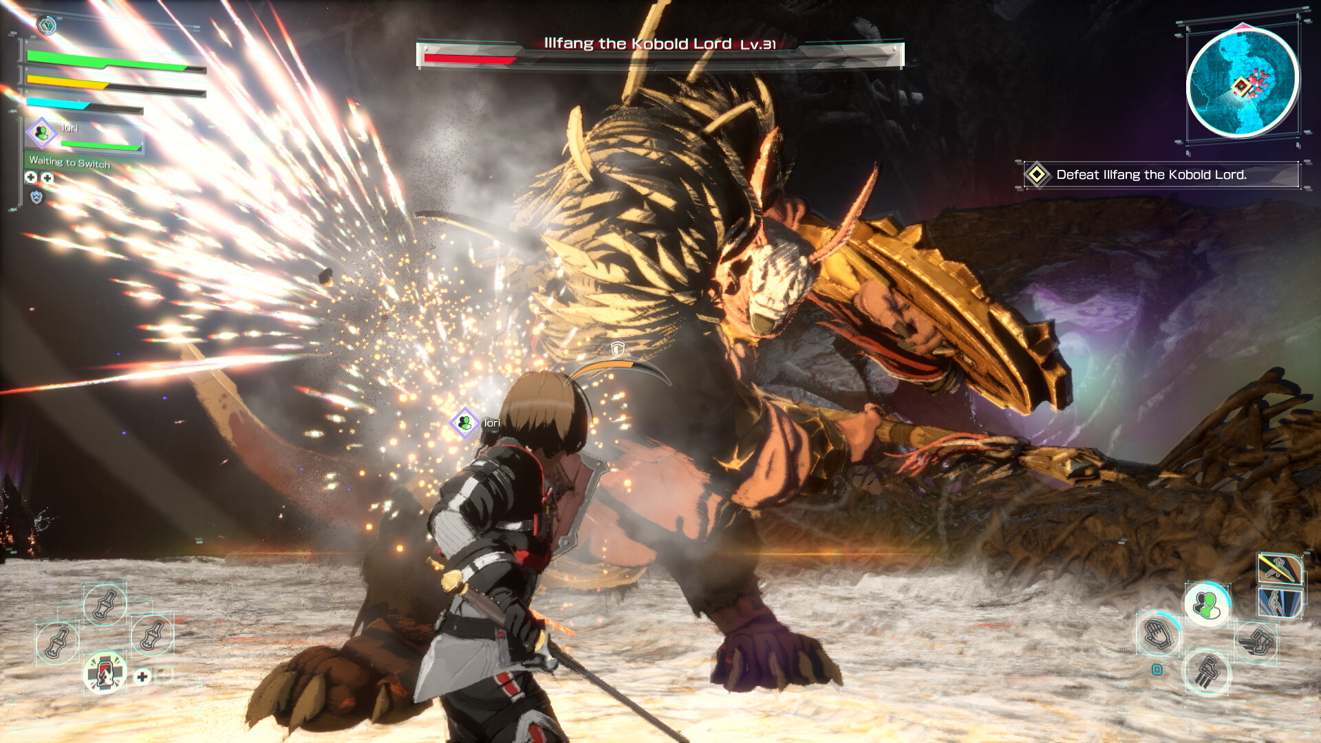 Escena de combate de Echoes of Aincrad con atmósfera de RPG de acción en mazmorras