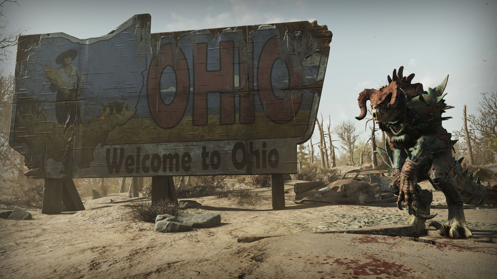 Paisaje de Fallout 76 Skyline Valley con escenario yermo tormentoso