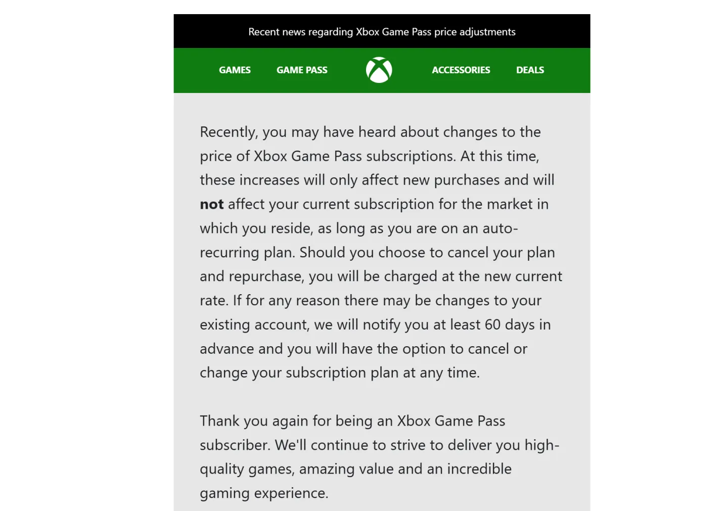 Correo de Microsoft retrasando el aumento de precio de Game Pass Ultimate