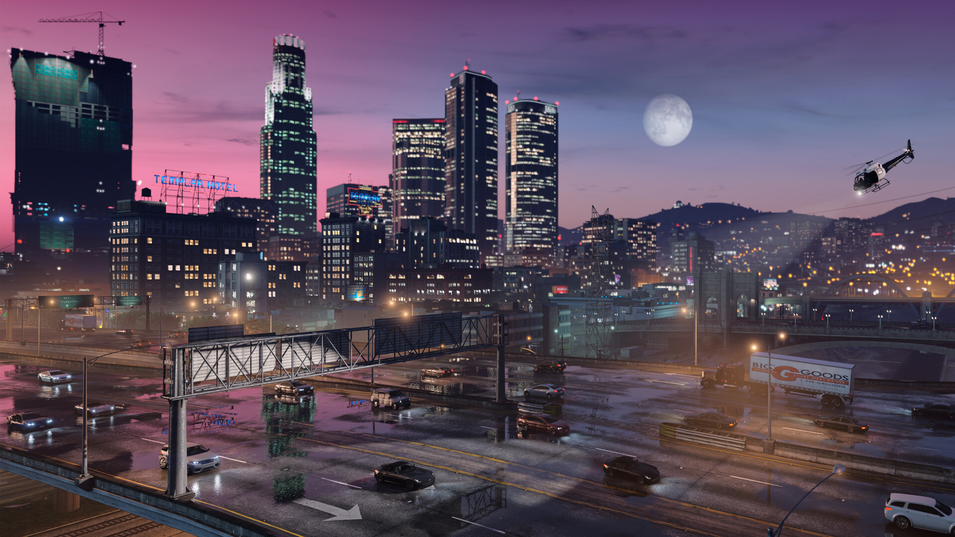 Escena callejera de Grand Theft Auto V Enhanced con coches y luces de ciudad