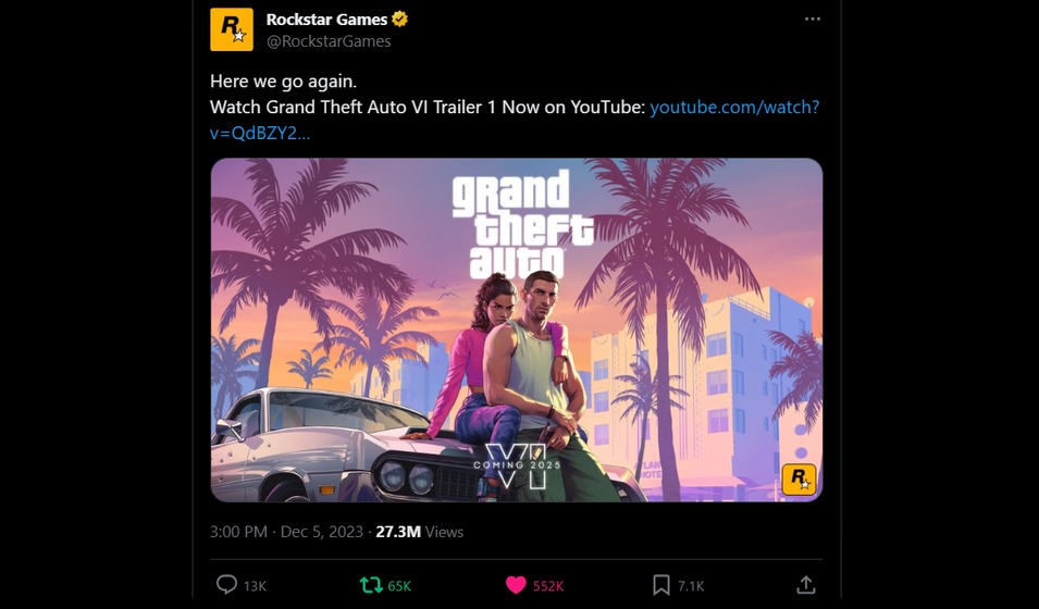 El tweet récord en Twitter/X del tráiler de GTA VI