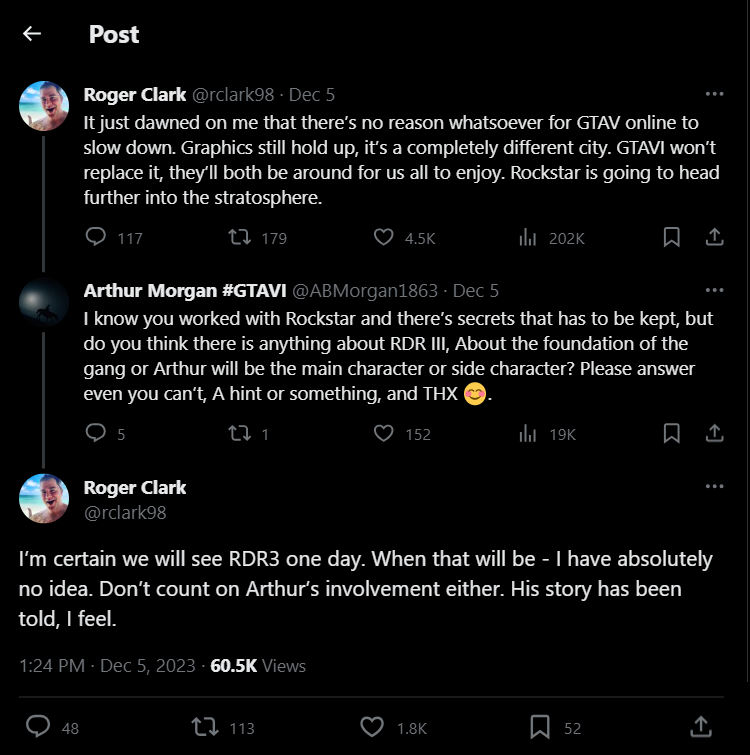 Respuesta de Roger Clark en Twitter sobre Red Dead Redemption III