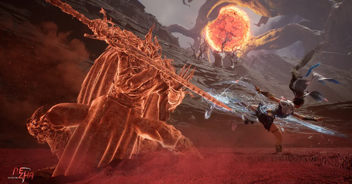 GeniGods: Nezha mostrando al protagonista enfrentándose a una deidad colosal en un paisaje destrozado