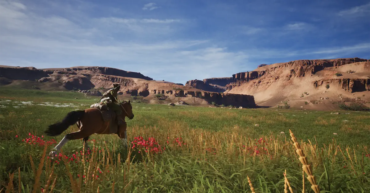 Naraa y su caballo corriendo a través de la impresionante estepa mongola del siglo XIII en The Legend of Khiimori