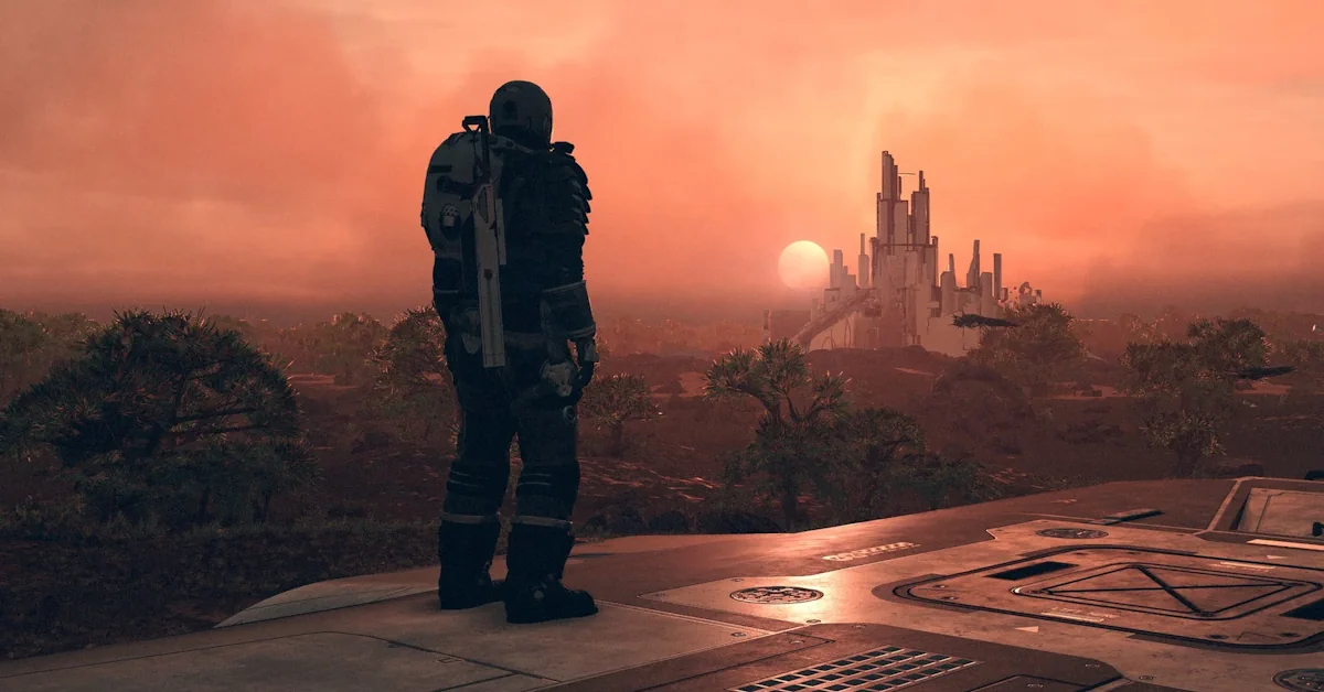 La nave Constellation Frontier volando sobre un planeta rocoso en Starfield