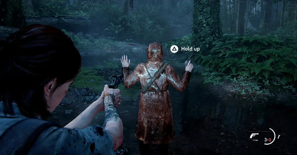 Ellie utilizando tácticas de sigilo en The Last of Us Part II