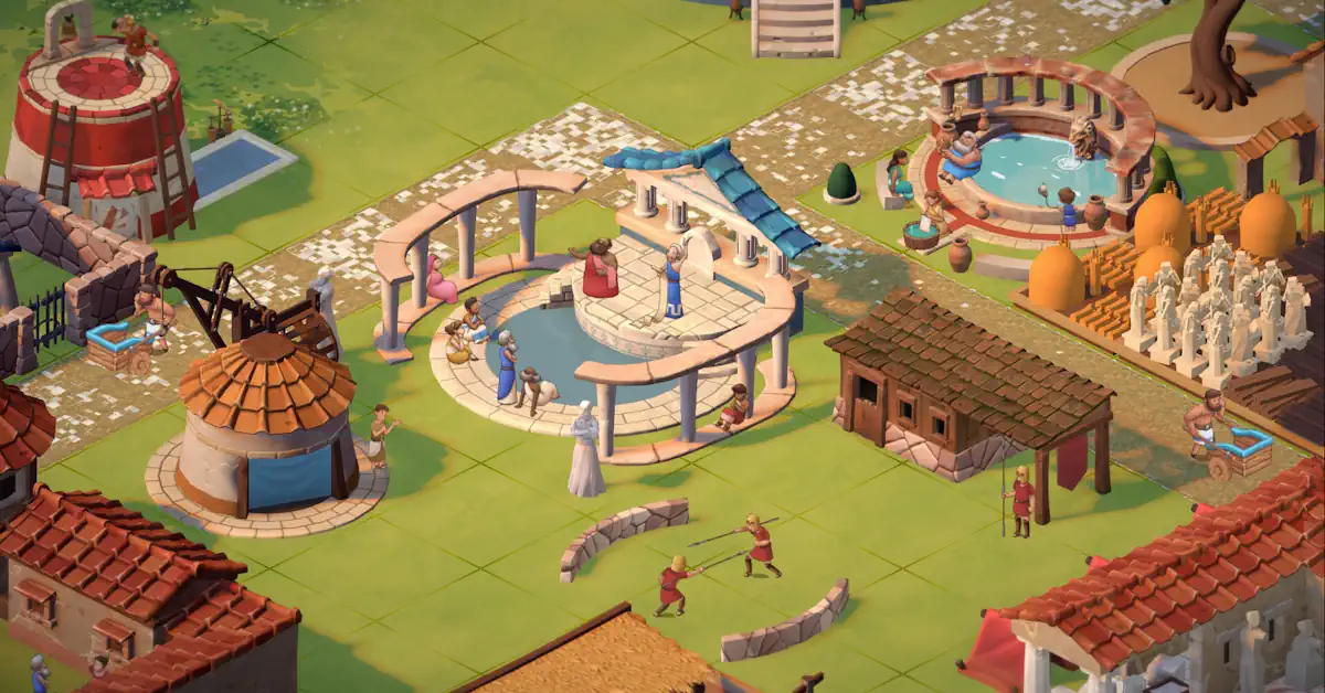 Theos presenta un estilo artístico fuertemente inspirado en los clásicos de construcción de ciudades de principios de los 2000