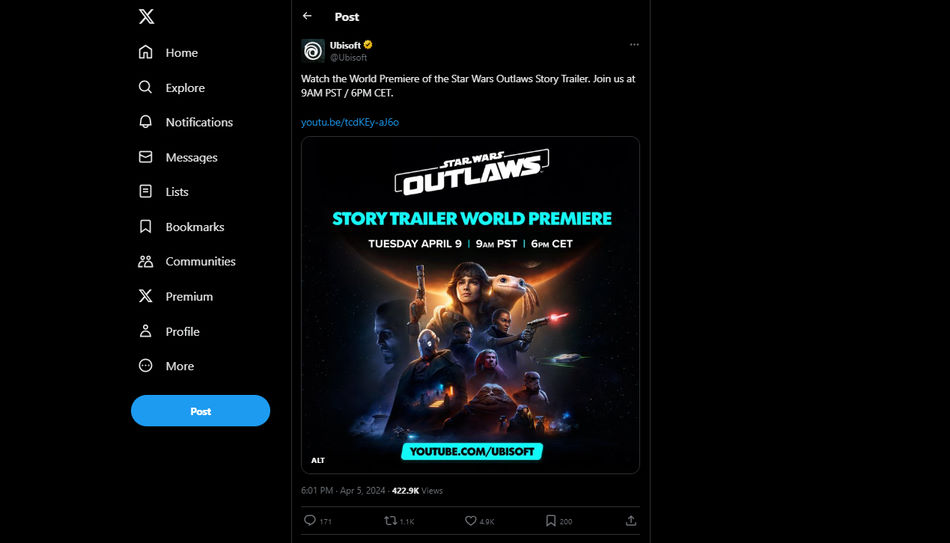 Anuncio en Twitter (X) del tráiler de la historia de Star Wars Outlaws