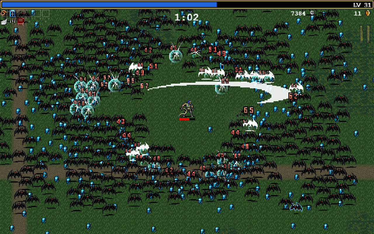 Personaje de Vampire Survivors rodeado de enemigos y patrones de proyectiles