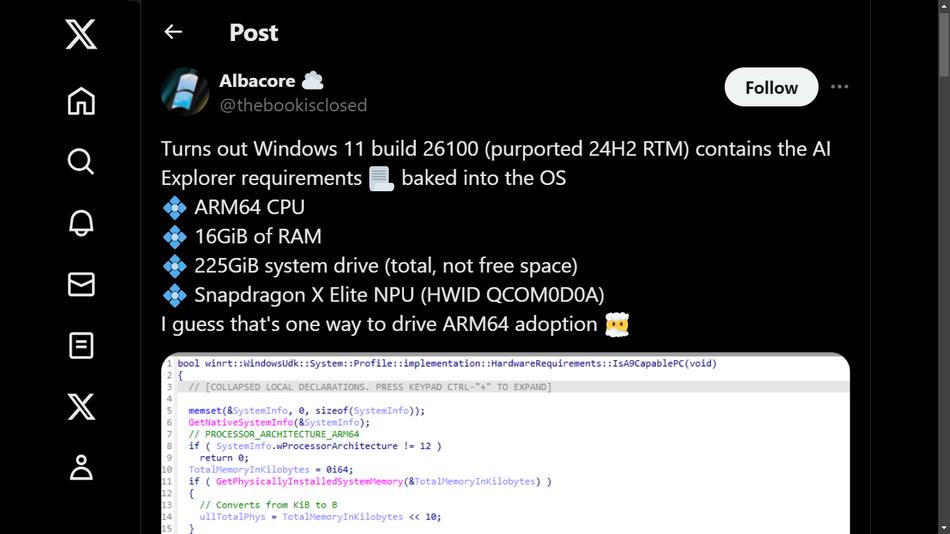 Tweet del usuario Albacore sobre los requisitos de IA de Windows 11